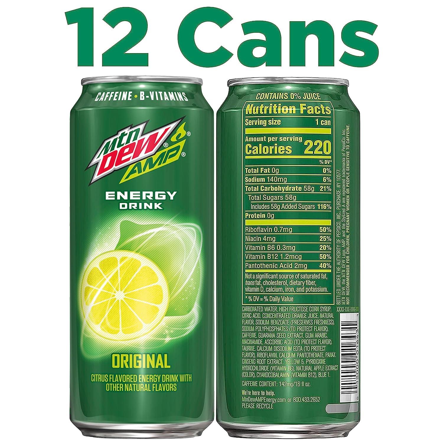 image:imageMtn Dew AMP Energy Original Energy Drink with Caffeine B Vitamins 16 fl oz cans 12 Pack16 Fl Oz Pack of 24